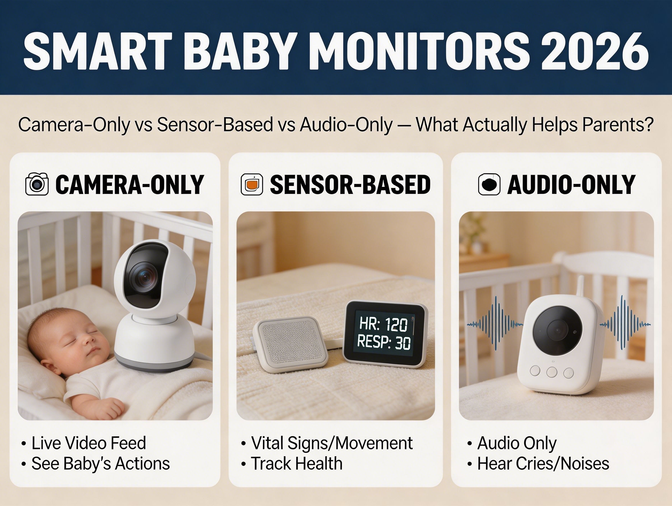 Smart baby monitors 2026 camera only vs sensor based vs audio only.webp